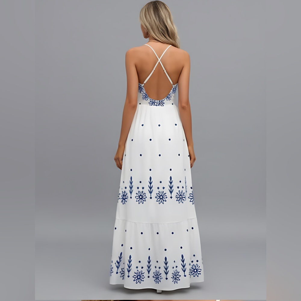 Boho Floral Print Low Cut Maxi Dress White - Picture 4 of 7